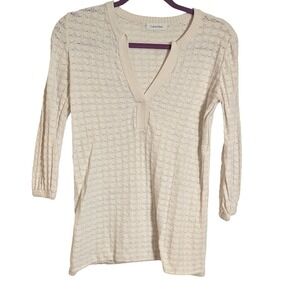 Calvin Klein Knit Top 3/4 Sleeve Tunic V-Neck Textured Neutral Casual‎